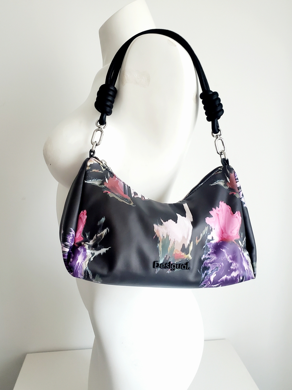 Desigual Black Shoulder Bag with Pink & Purple Floral Splash